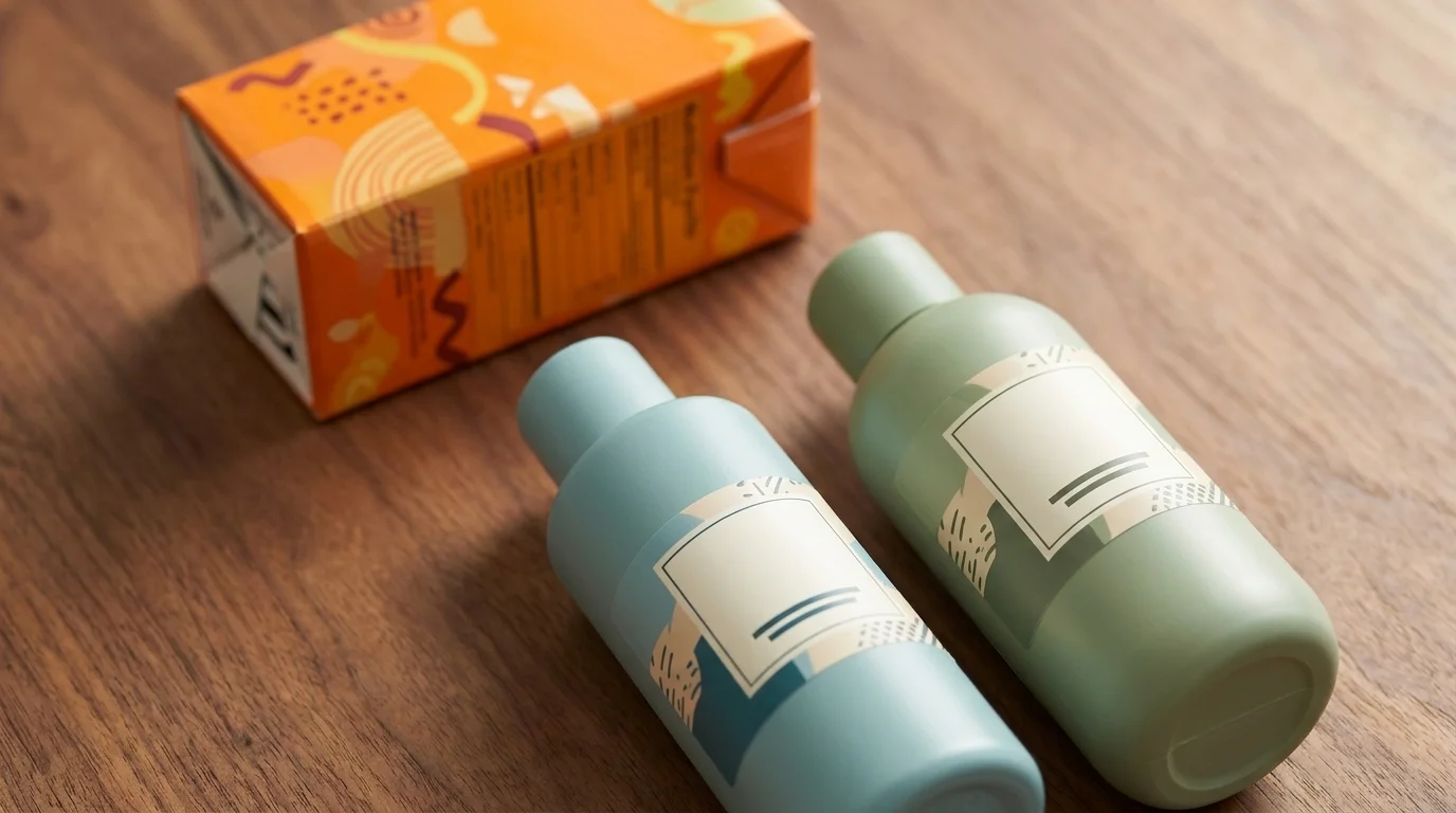 Muted teal and muted green family packages in foreground next to a bright orange 2009-style juice carton softly out of focus