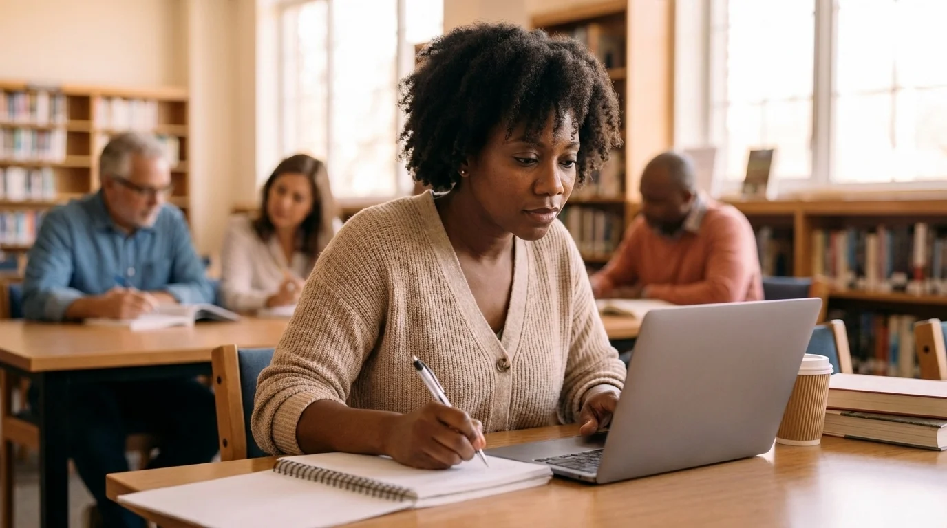 Mother studying with a notebook and laptop at a bright community college library among other adult learners