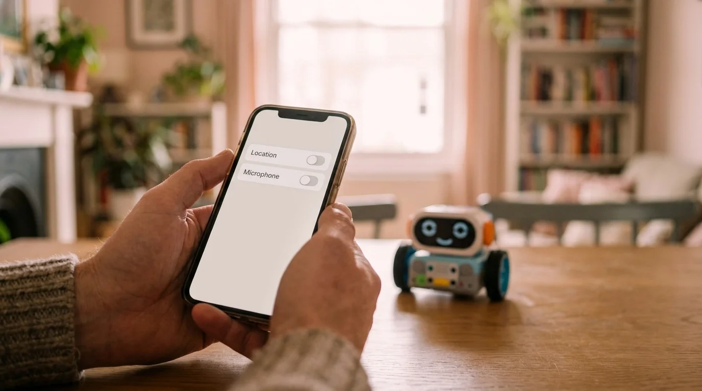 Hands holding a phone showing app permissions with location and microphone toggles, a coding robot behind