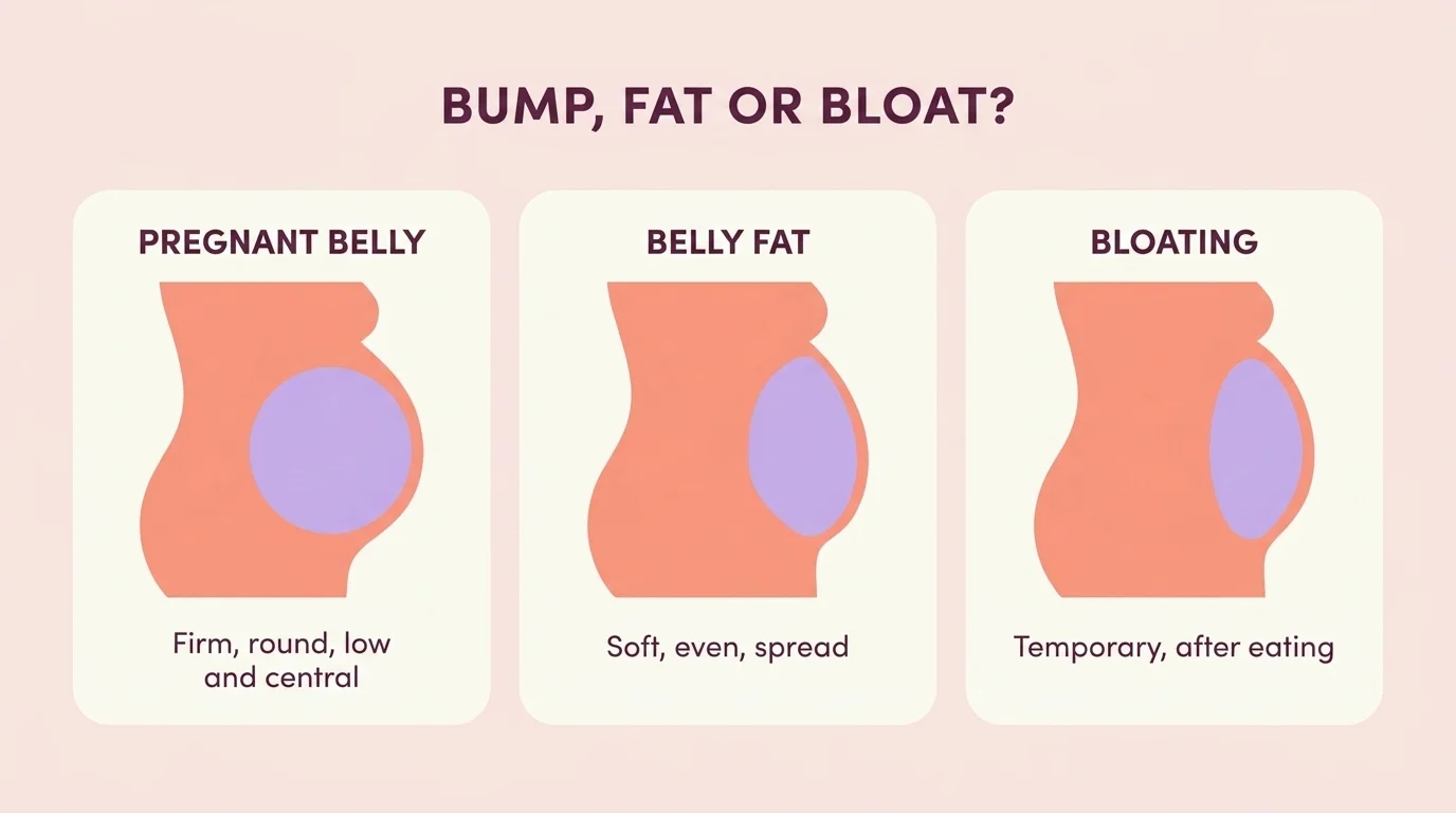 A three-panel comparison of a pregnant bump, belly fat and bloating with each one's firmness and position tell