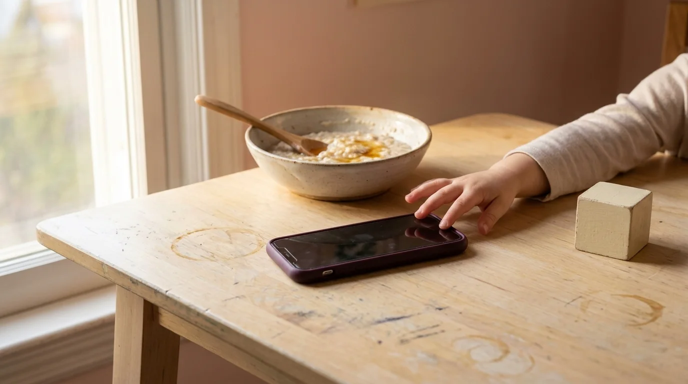 Small child's hand reaching for a dark phone on a kitchen table beside a half-finished bowl of porridge in morning light