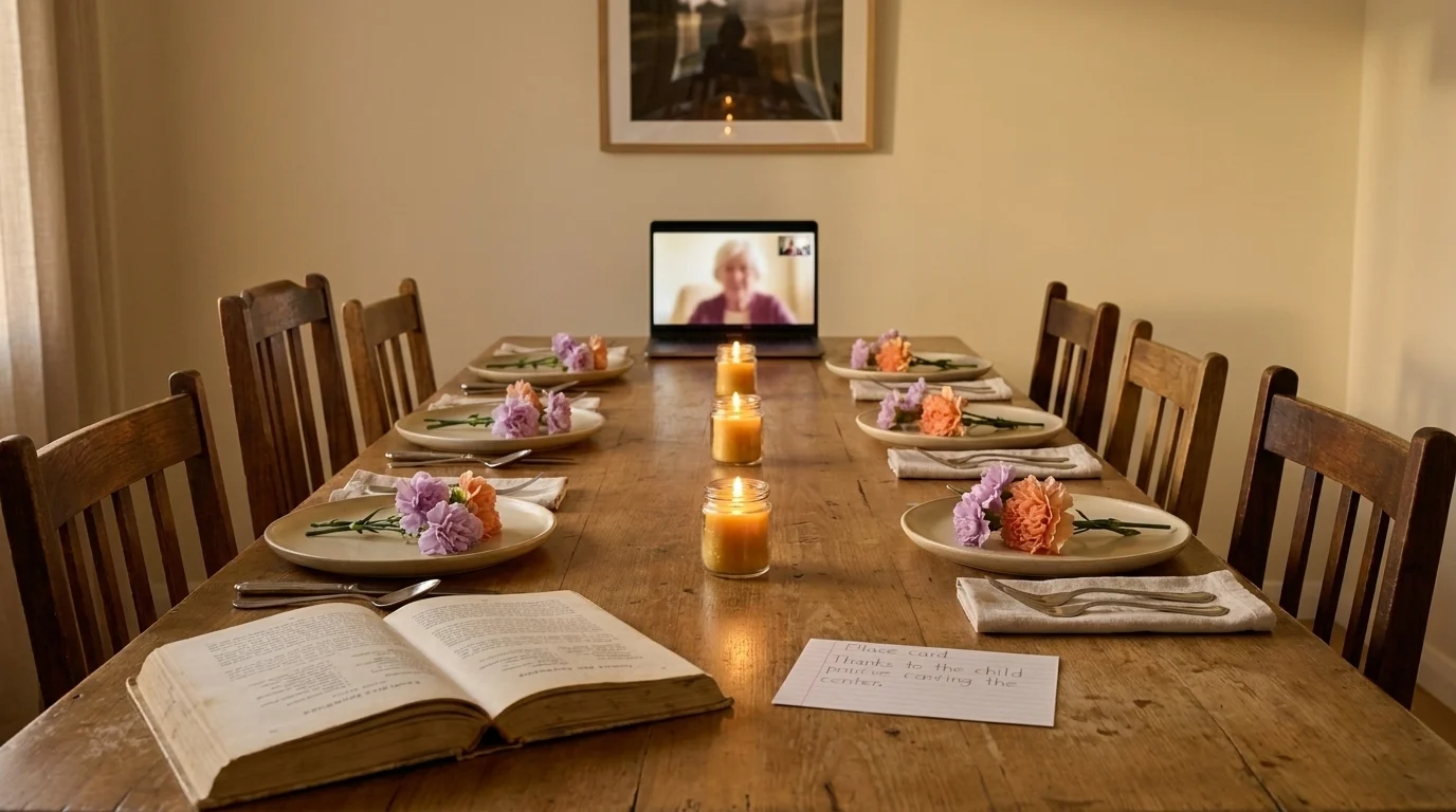 Long wooden dining table set with candles, mismatched chairs and a laptop at the far end showing a paused family video call