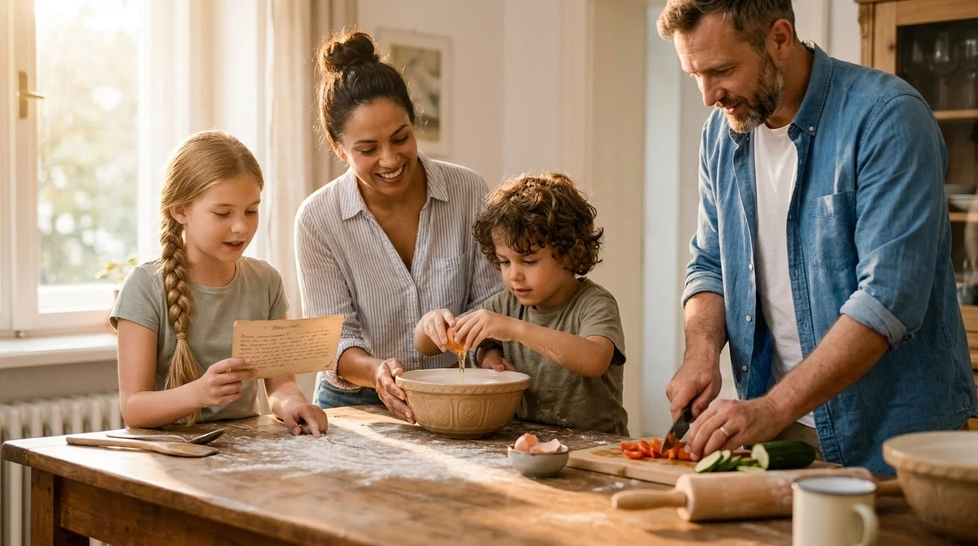 A mother and father cooking at a wooden kitchen table with two children cracking an egg and reading a recipe card