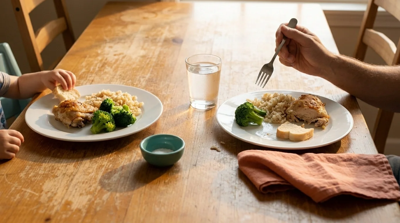 Real family dinner table with mismatched plates, a hand mid-gesture holding a fork, and a glass of water