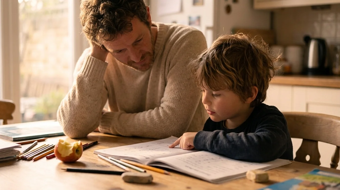 Father and a young child doing homework together at a cluttered kitchen table in warm evening light