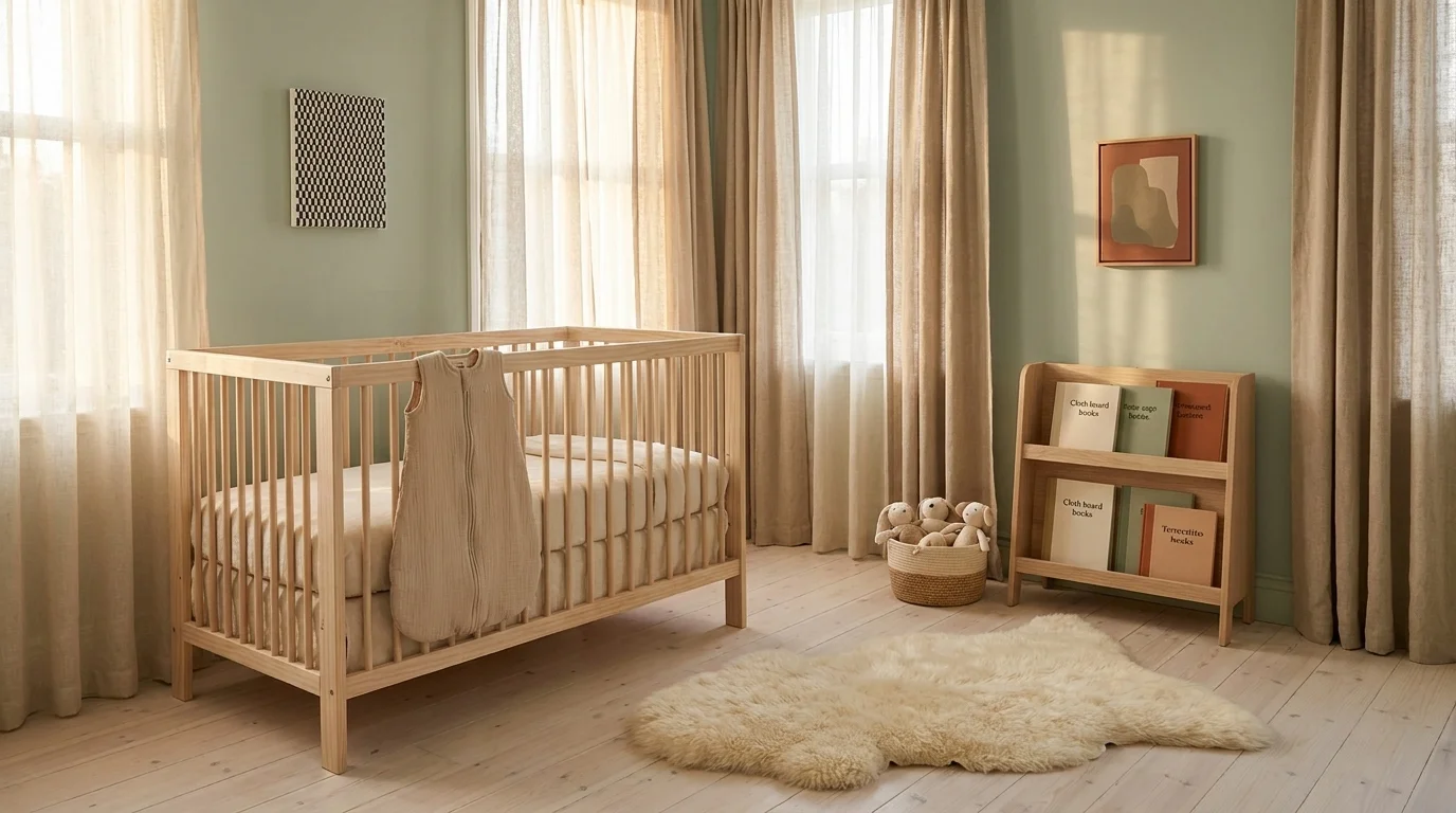 Finished nursery in muted earth tones — sage wall, oat curtains, terracotta accent and sheepskin in late afternoon light