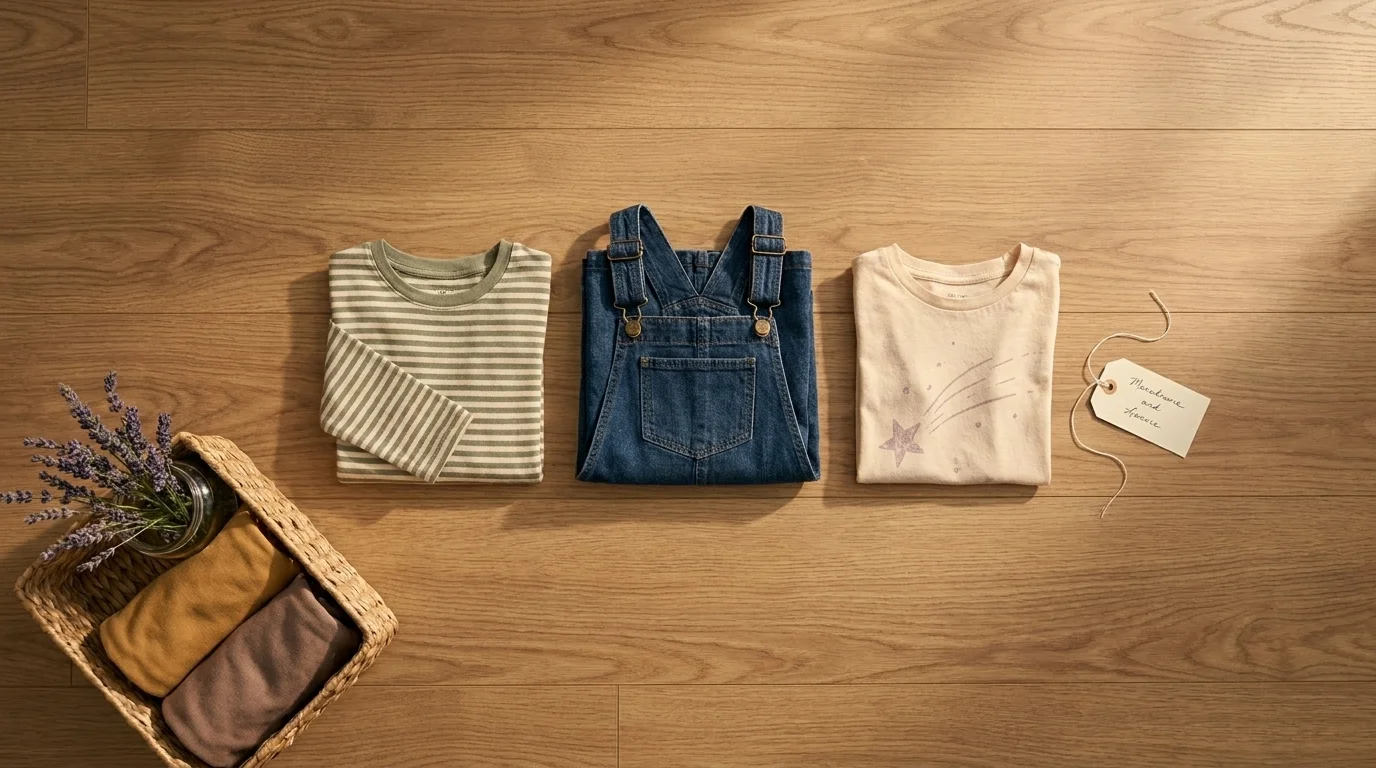 Flat-lay of three folded children's garments on a wooden floor with a handwritten label that reads "for cousin Ada"