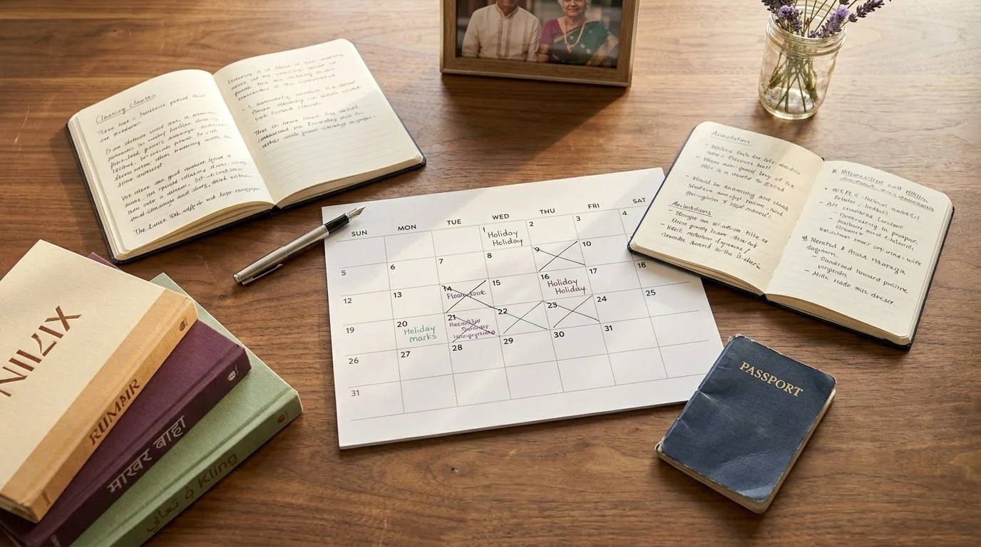 Flat-lay of multicultural parenting plan — notebooks, calendar with dual holidays, bilingual books and a worn passport