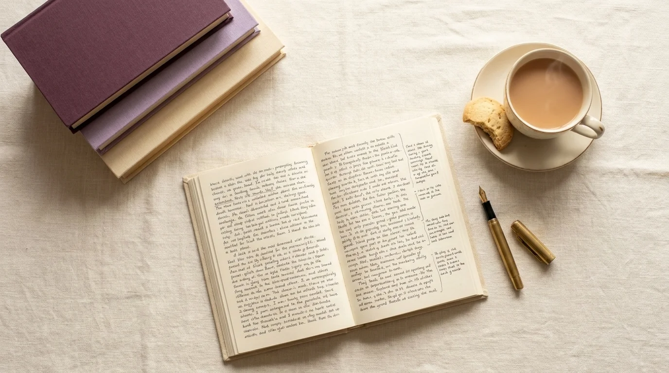 Flat-lay of open notebook with marginalia, brass fountain pen, three cloth-bound hardbacks and a teacup in overhead daylight