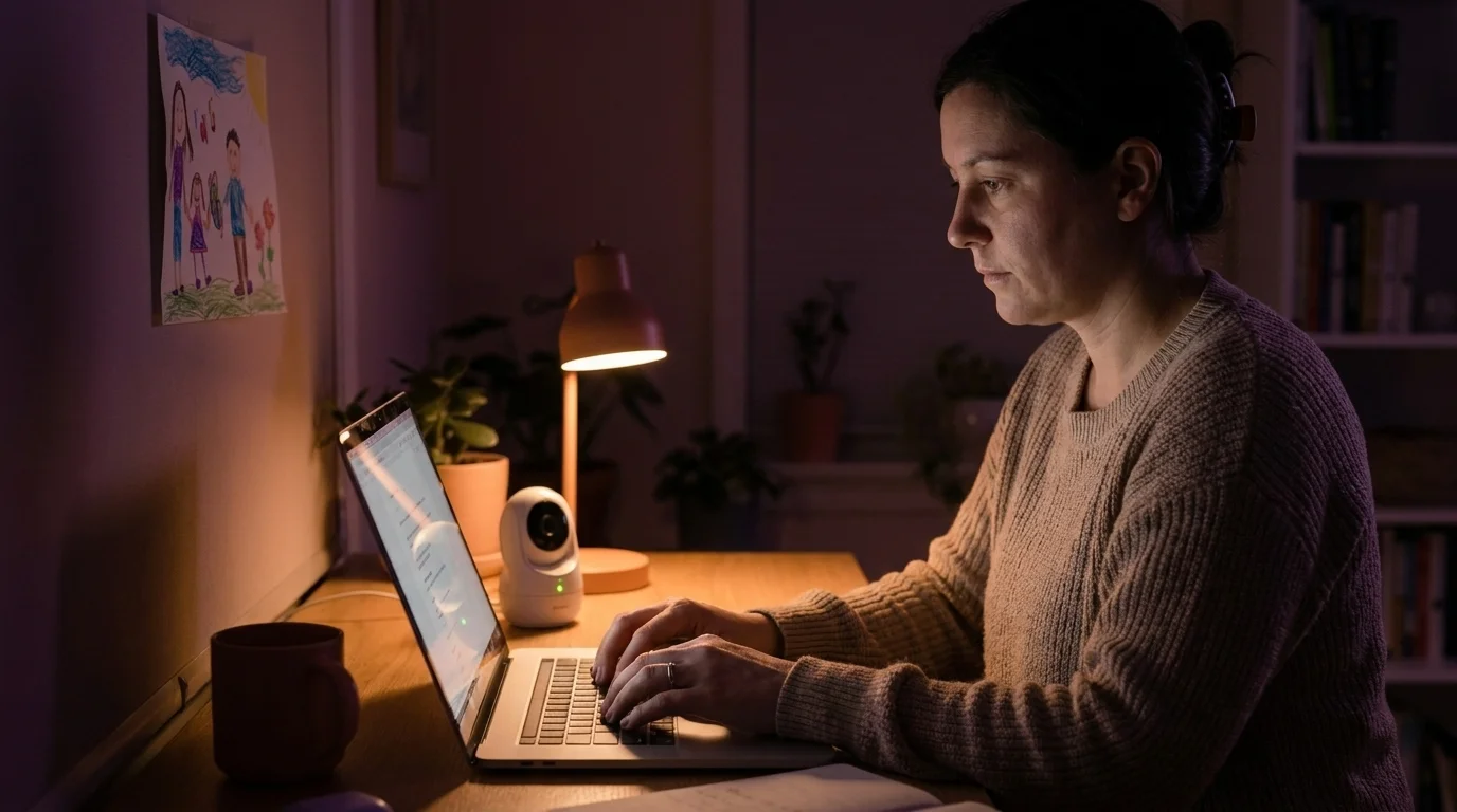 Freelance parent working late at a home desk lit by laptop glow, a child's drawing and a baby monitor nearby