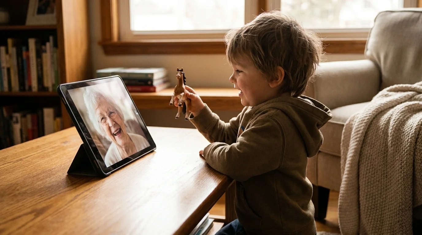 Young child holds a toy up to a tablet on a video call as a grandparent laughs on the screen