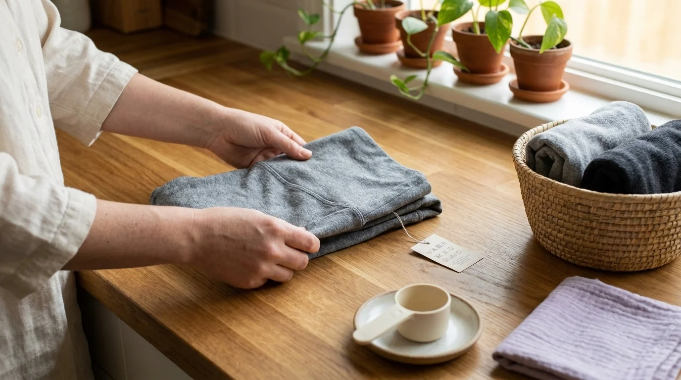 Hands folding a worn maternity legging on a kitchen counter beside a basket of laundry in soft afternoon side-window light