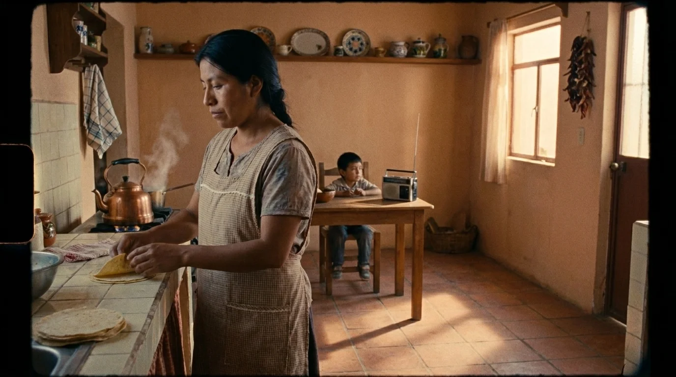 Mexican kitchen at dawn — Mixtec mother making tortillas while her young child watches, in the register of Roma-style cinema