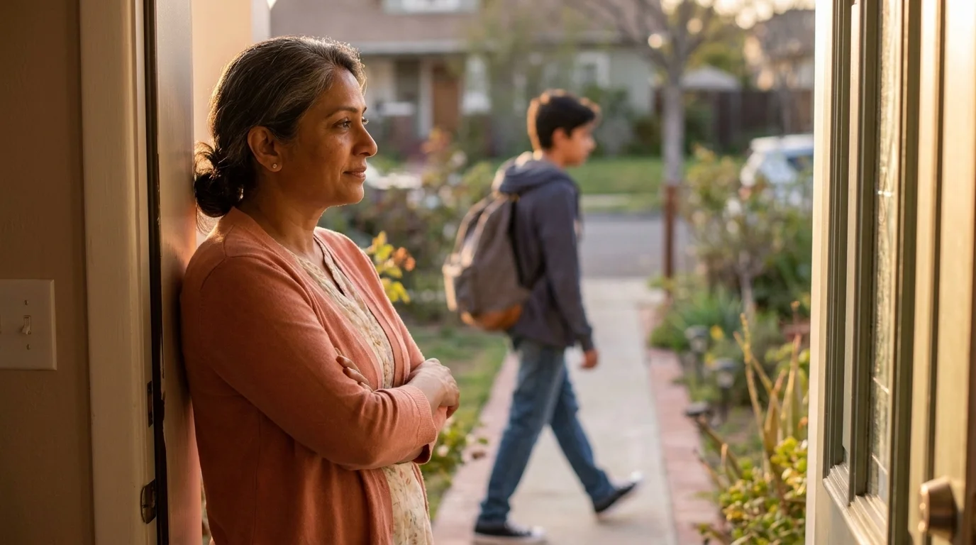 A middle-aged mother in a doorway watching her teenager walk down the garden path with a backpack in warm light