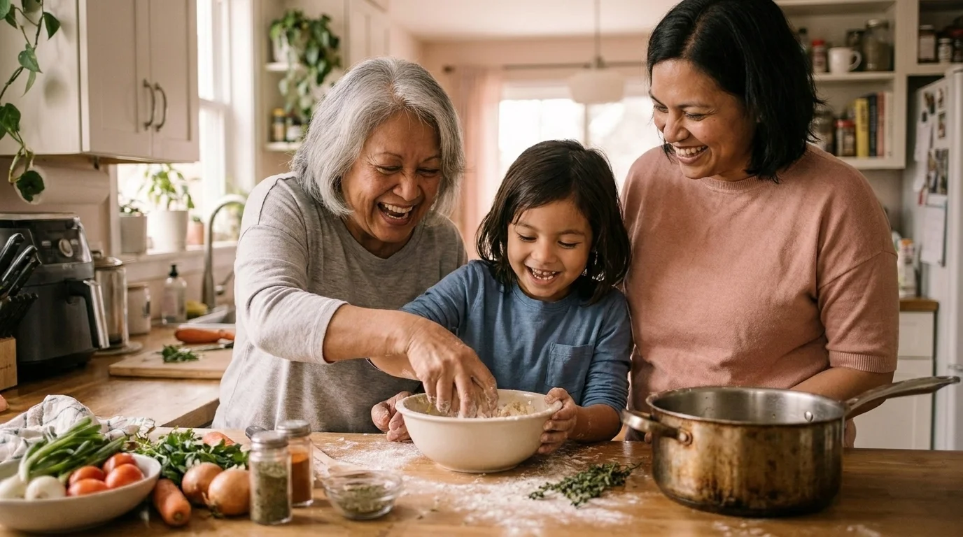 Multigenerational family cooking a traditional dish together in a home kitchen with ingredients out