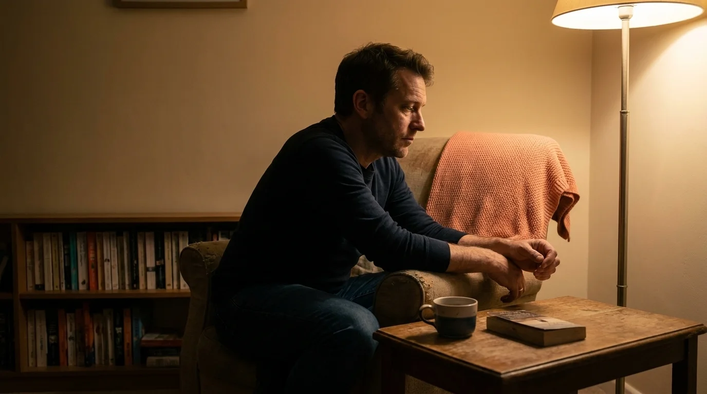 Parent seated alone in low evening lamp light with a ceramic mug on a side table, no phone or children visible