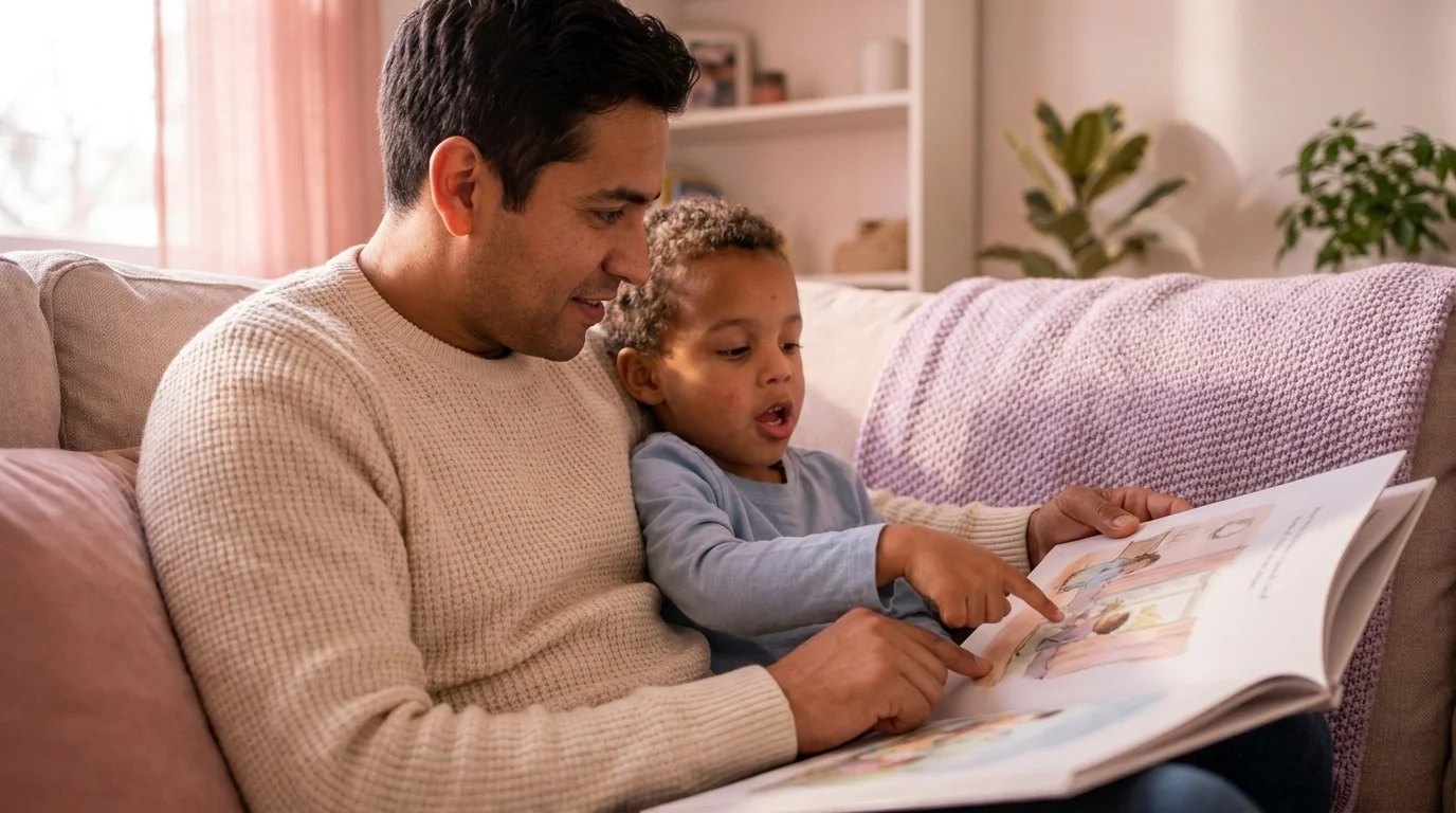 A parent and preschooler reading a picture book together on the couch, the child pointing at the page