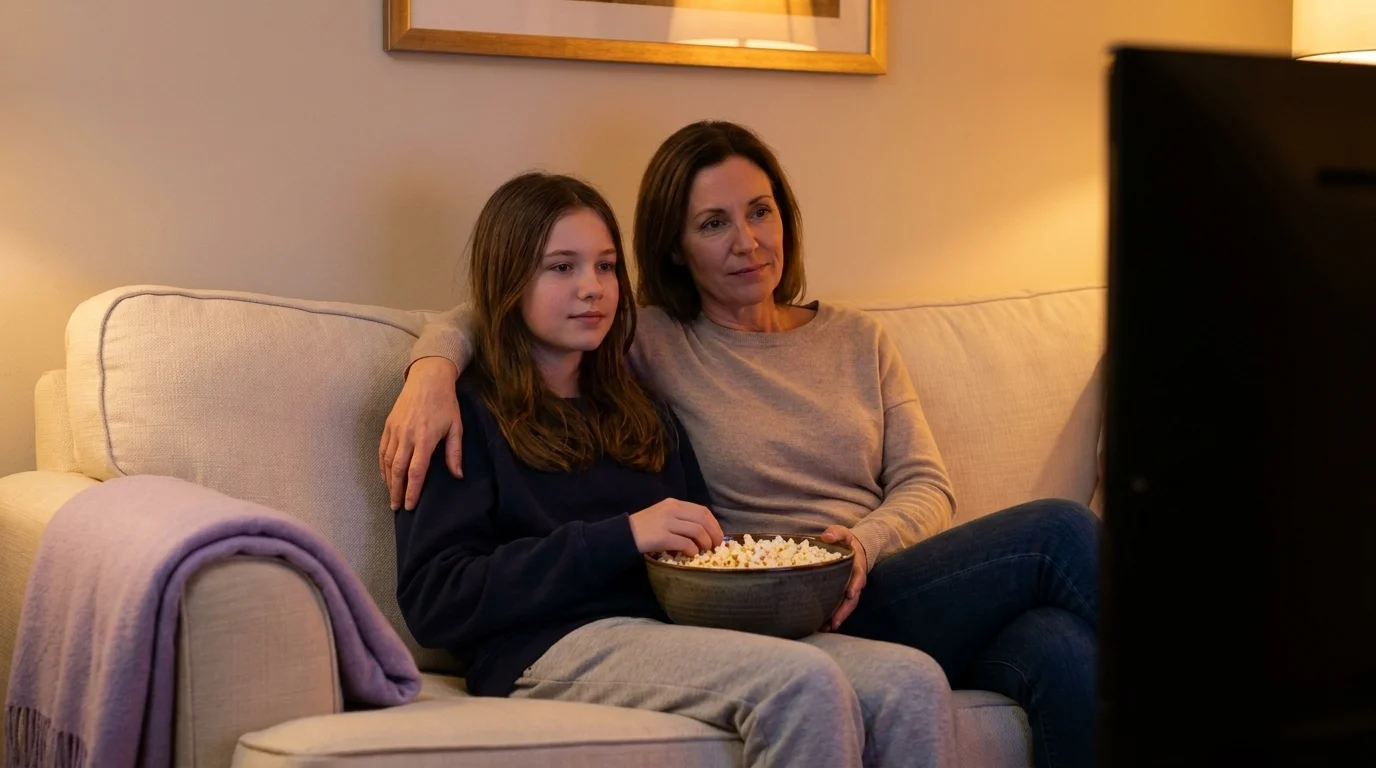 Parent and teenage child on a sofa with a popcorn bowl between them, warm screen glow lighting their faces