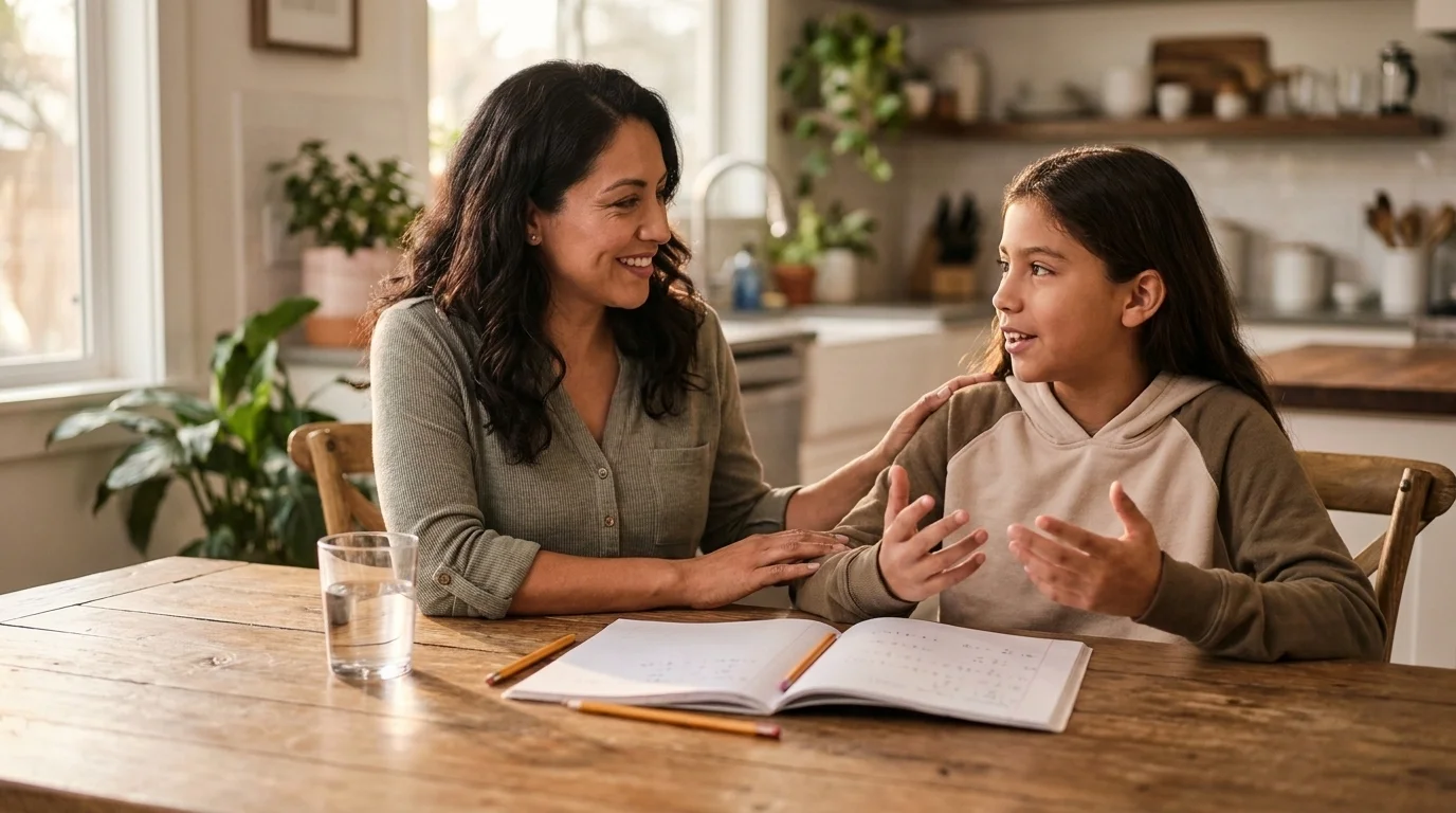 A mother and her tween side by side at a kitchen table, listening as the tween talks, homework and a glass of water nearby