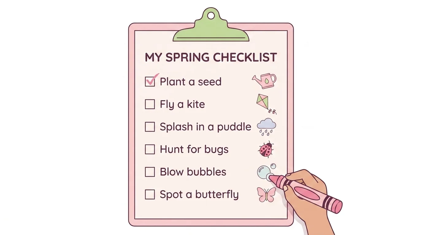 A printable spring activity checklist on a clipboard with flower and butterfly icons, a child ticking a box