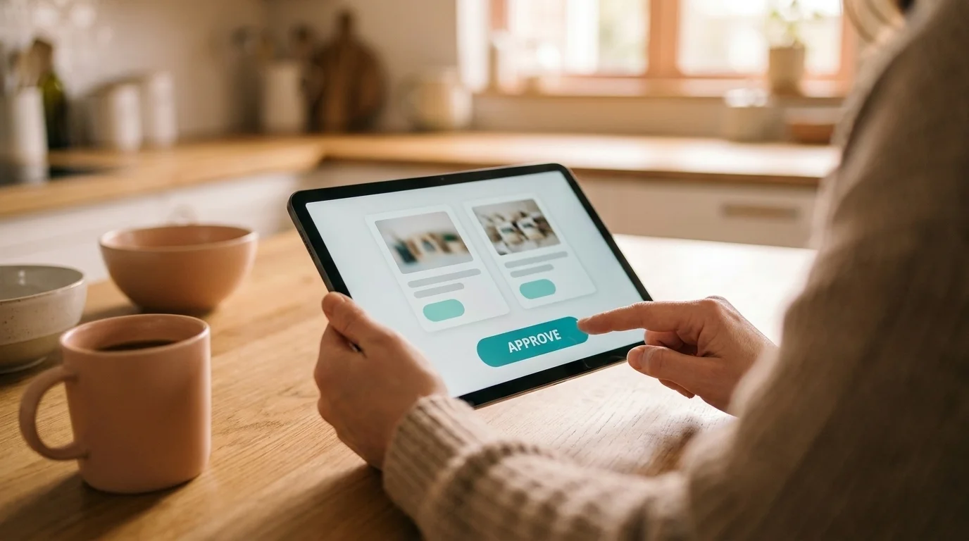 Tablet showing an AI shopping assistant comparing products, a finger hovering near the approve button