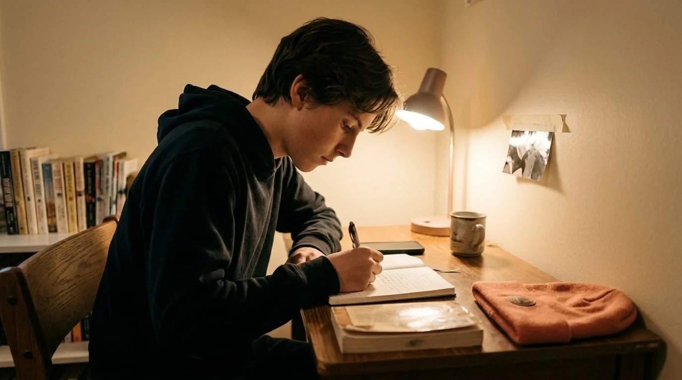 Teenager alone at a small bedroom desk with a phone face-down beside them, looking down at a notebook in soft lamp light