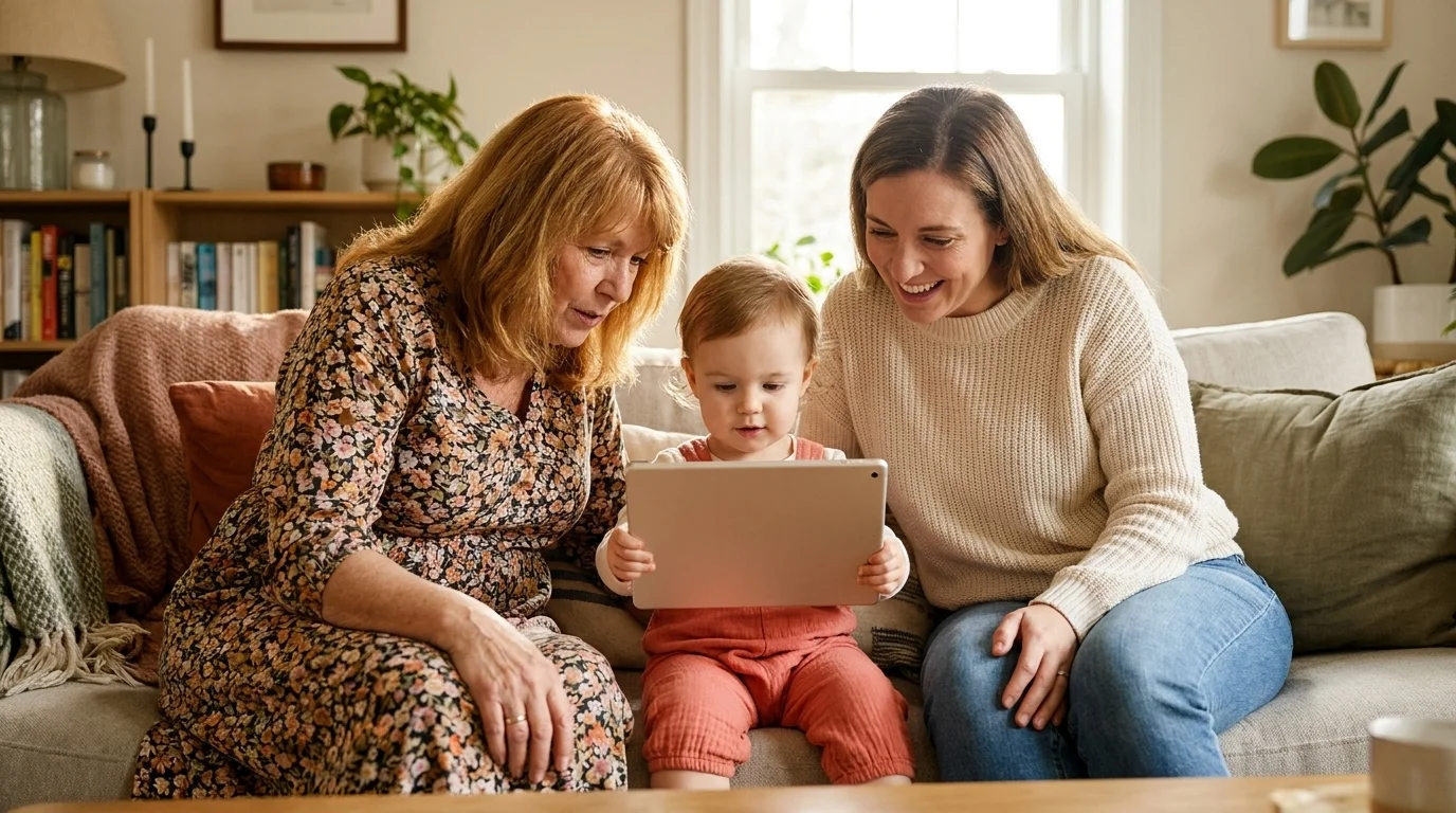 Three generations on a couch as a child turns a tablet to show a grandparent something on the screen