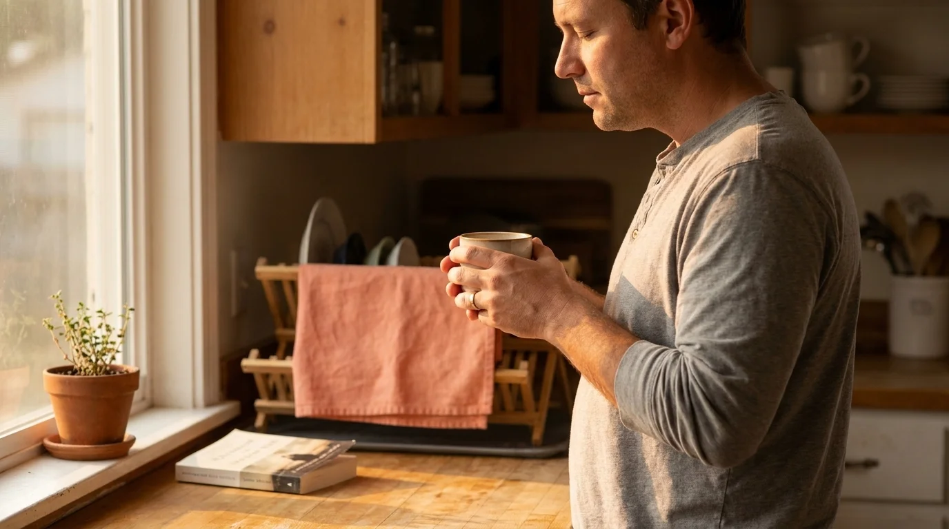 Tired parent in a kitchen holding a coffee mug with both hands, eyes closed mid-breath in soft morning light
