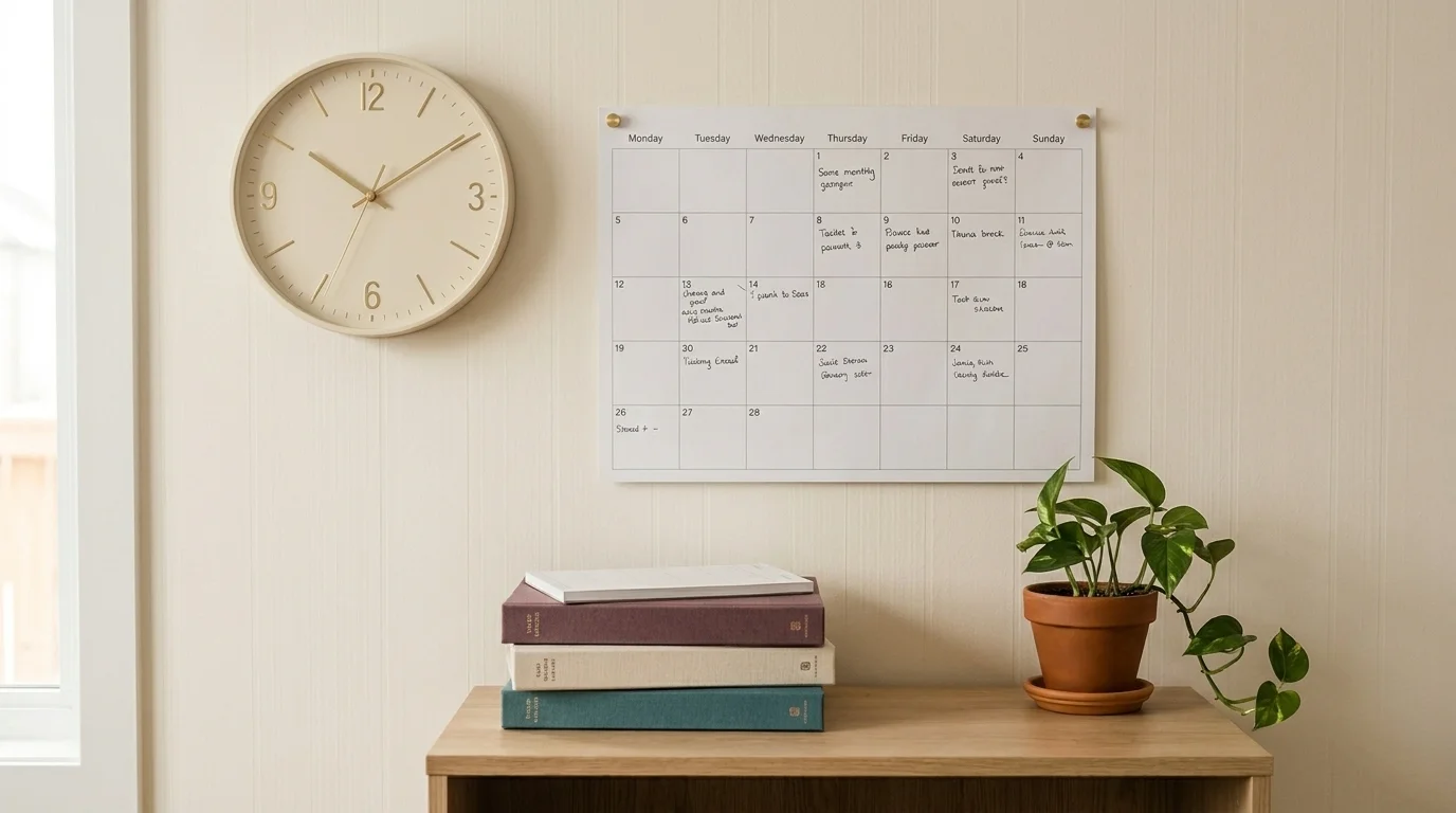 Wall calendar with handwritten family schedule beside an analog clock and stack of board games on a side table