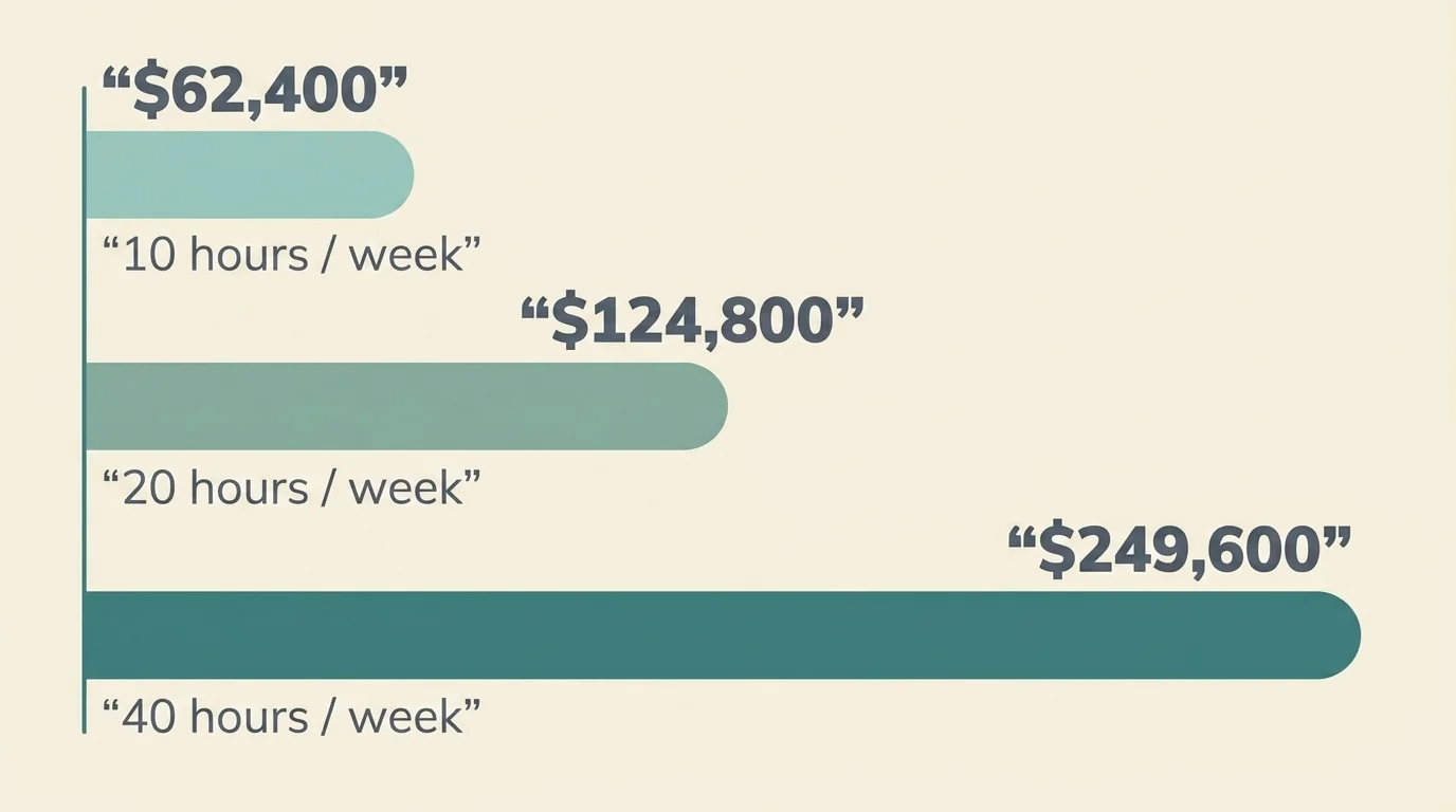 Three-bar chart showing annual ABA cost at 10, 20, and 40 hours per week of private-pay therapy — $62K, $125K, $250K