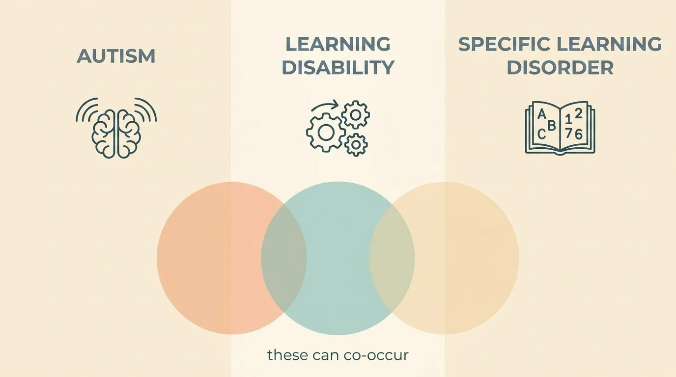 Three equal columns — autism, learning disability, specific learning disorder — over a Venn band showing they can co-occur