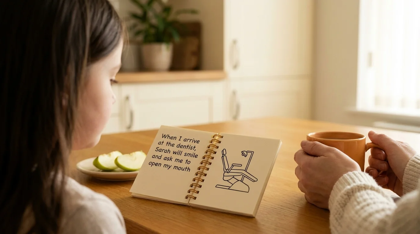 Girl reads a spiral-bound social-story booklet open to a page about a dentist visit, beside a parent's hand on a coffee mug