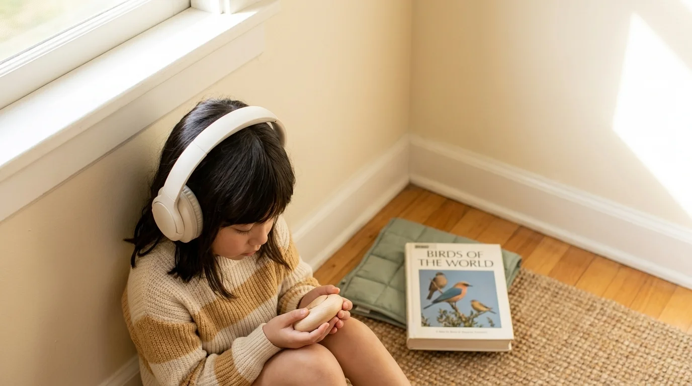 Sensory overload autism regulation: an autistic child in a quiet school corner with noise-cancelling headphones, focused on a small fidget object — the de-escalation moment, not a meltdown
