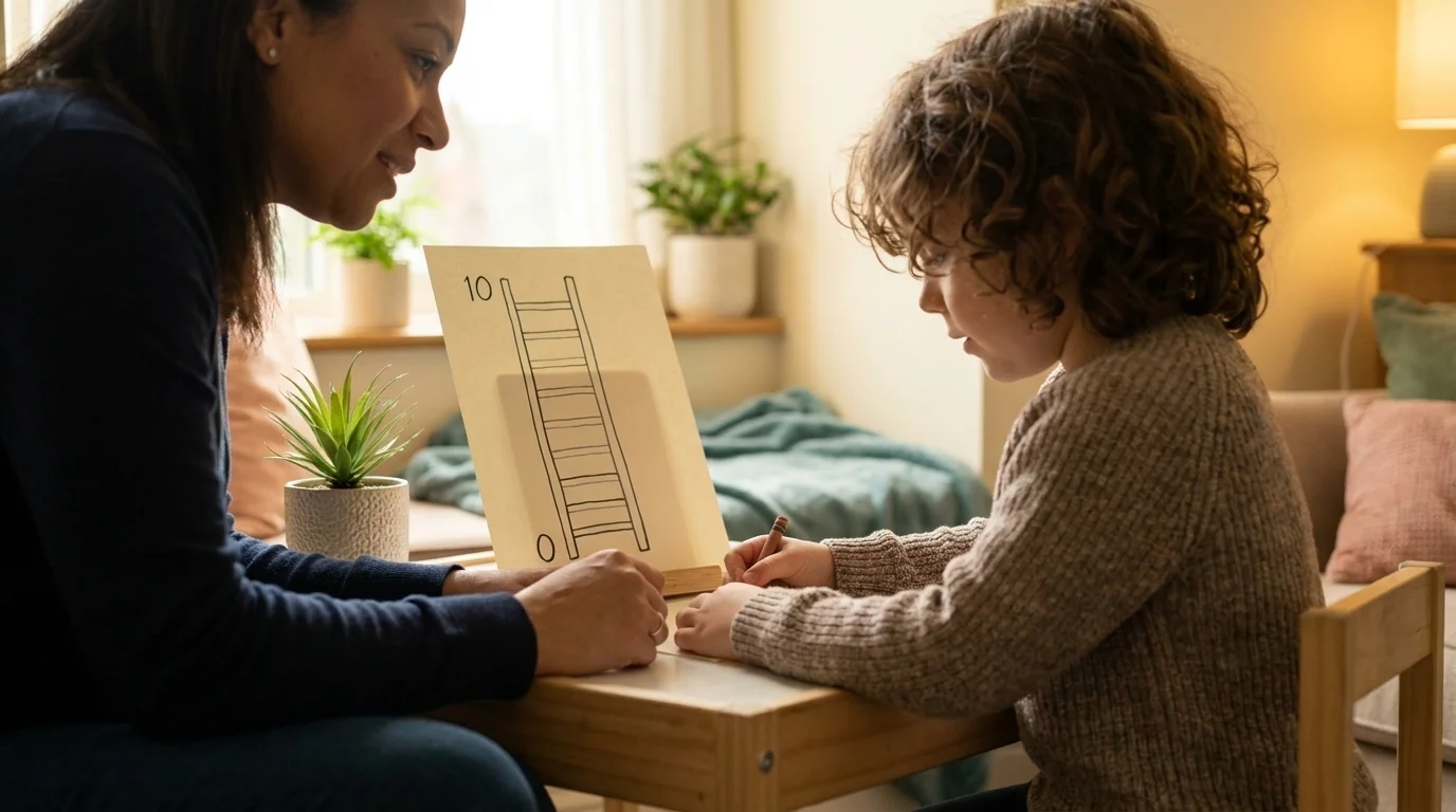A child and a warm clinician at a table with a hand-drawn 0-to-10 fear ladder, an ERP session for pediatric OCD