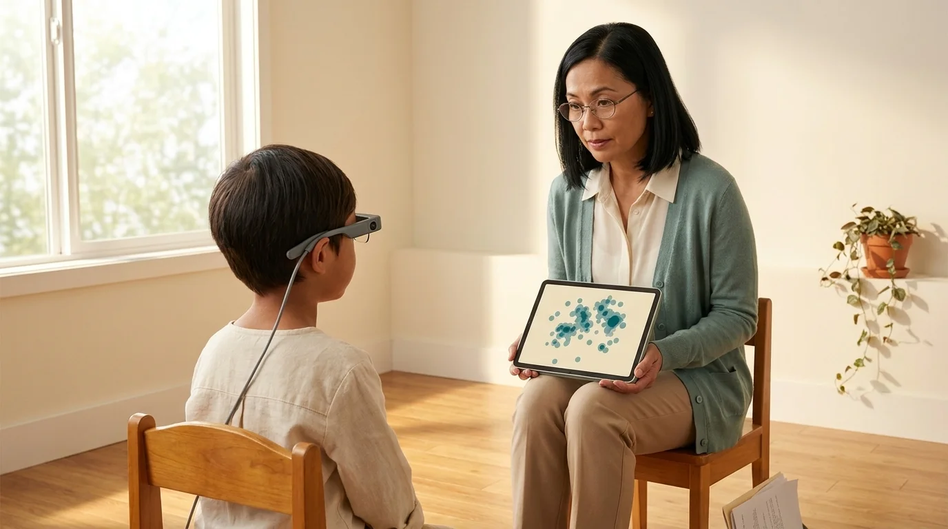 Clinical-research therapy room with a child wearing head-mounted eyewear and a researcher reviewing anonymised gaze data on a tablet