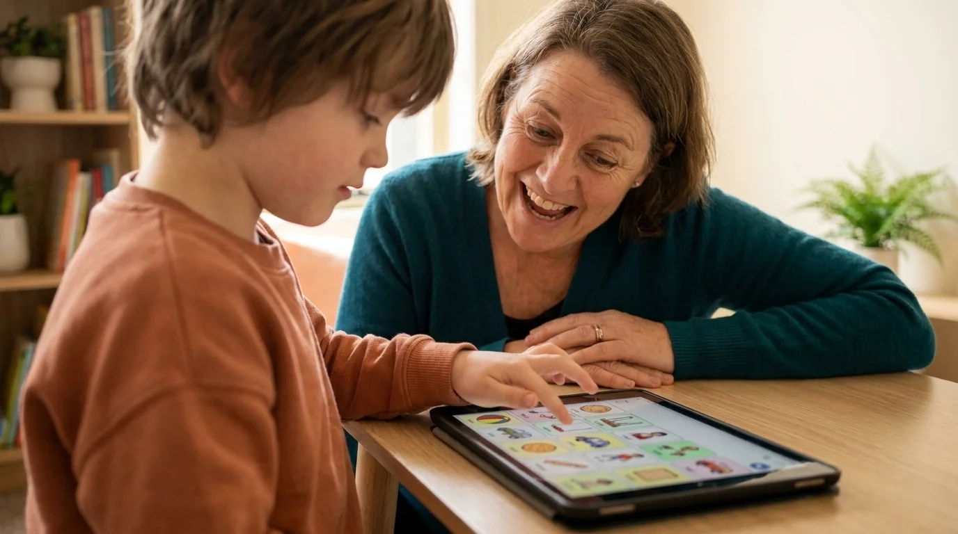 Autistic child presses a symbol on a tablet AAC app at a low table as the speech therapist responds with delight