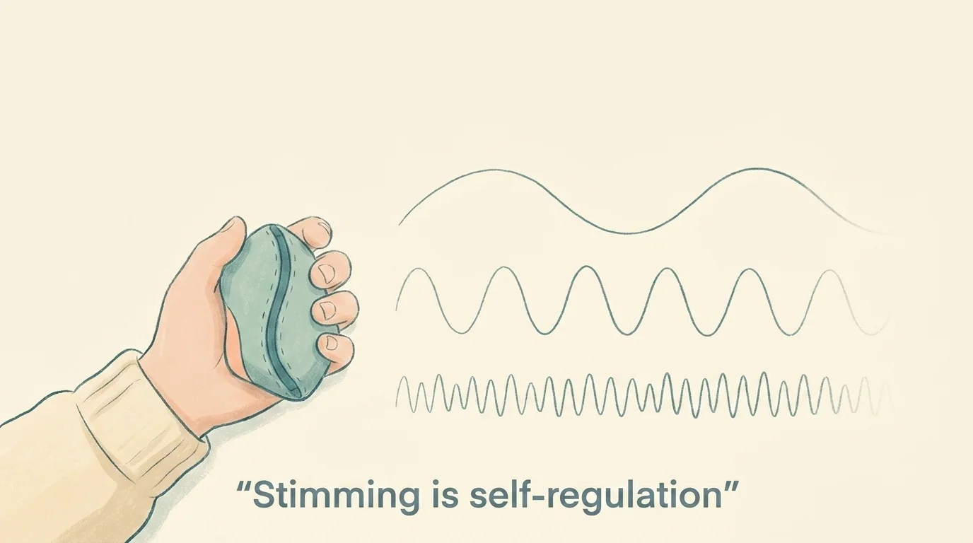Child's hand and wrist holding a small fidget object with soft schematic waveforms representing rhythmic stimming motion