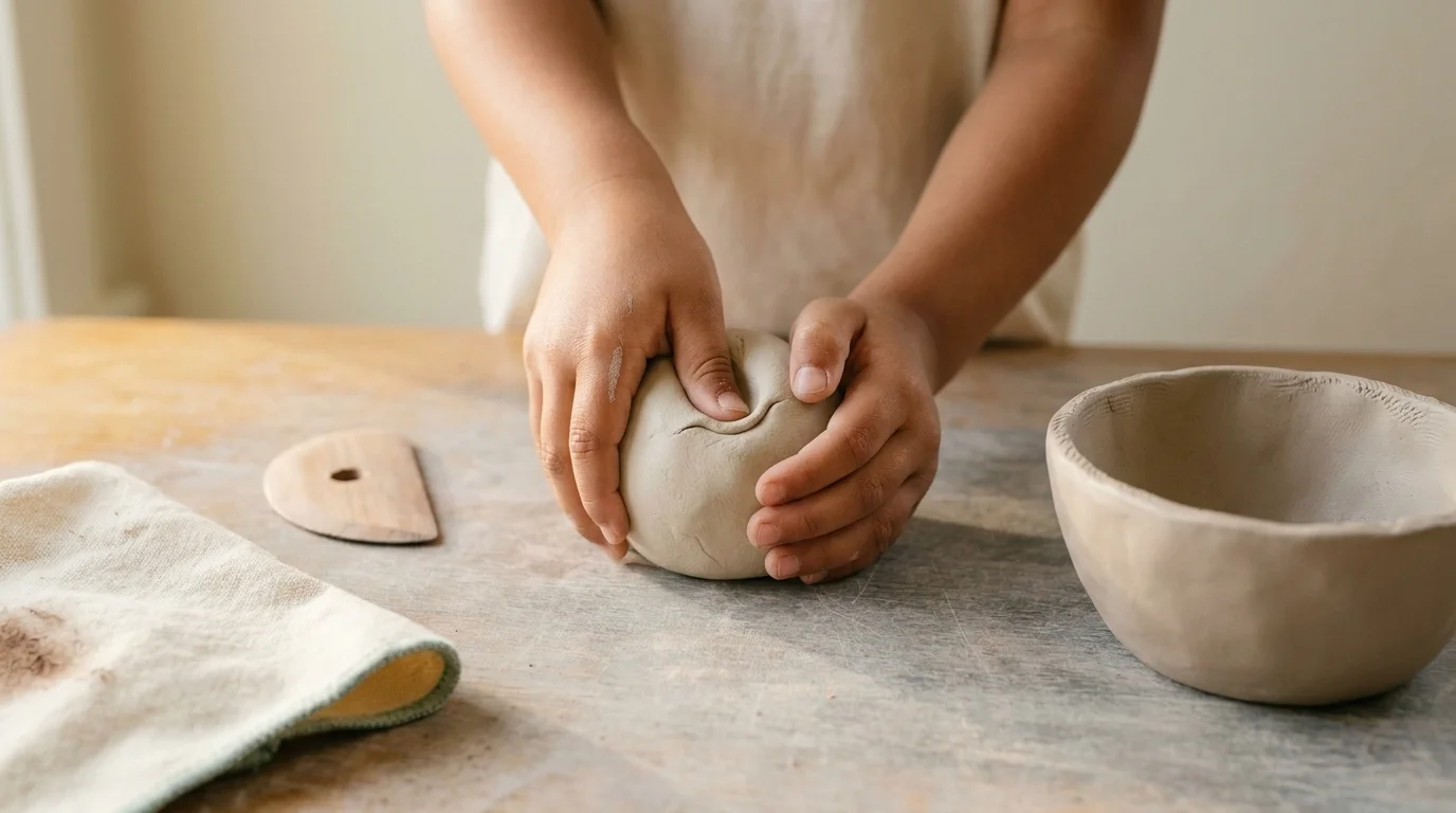 Child's hands pressing raw clay beside a half-finished bowl on a grey-worn wedging table — clay therapy autism sensory work
