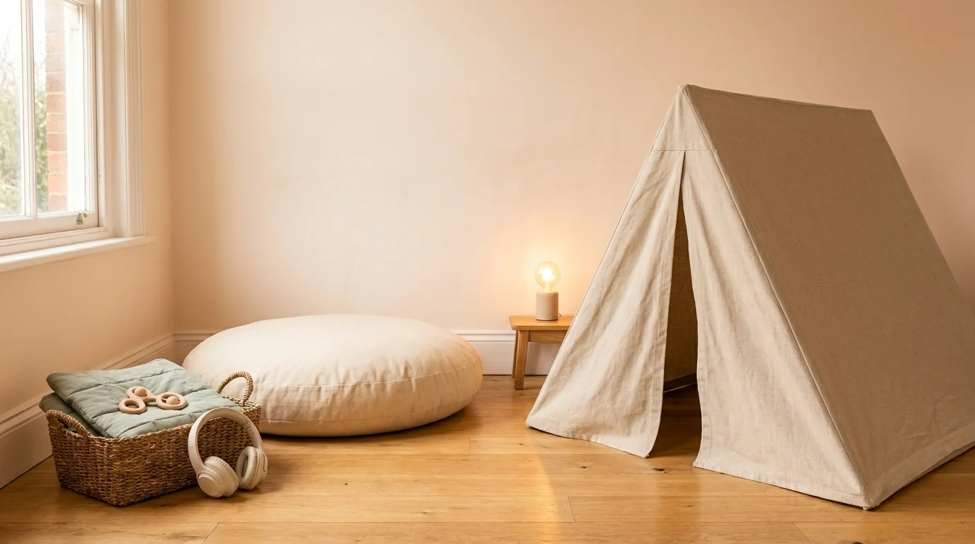 Quiet corner: canvas A-frame tent, round cream cushion, basket with weighted lap pad and over-ear headphones, soft lamp