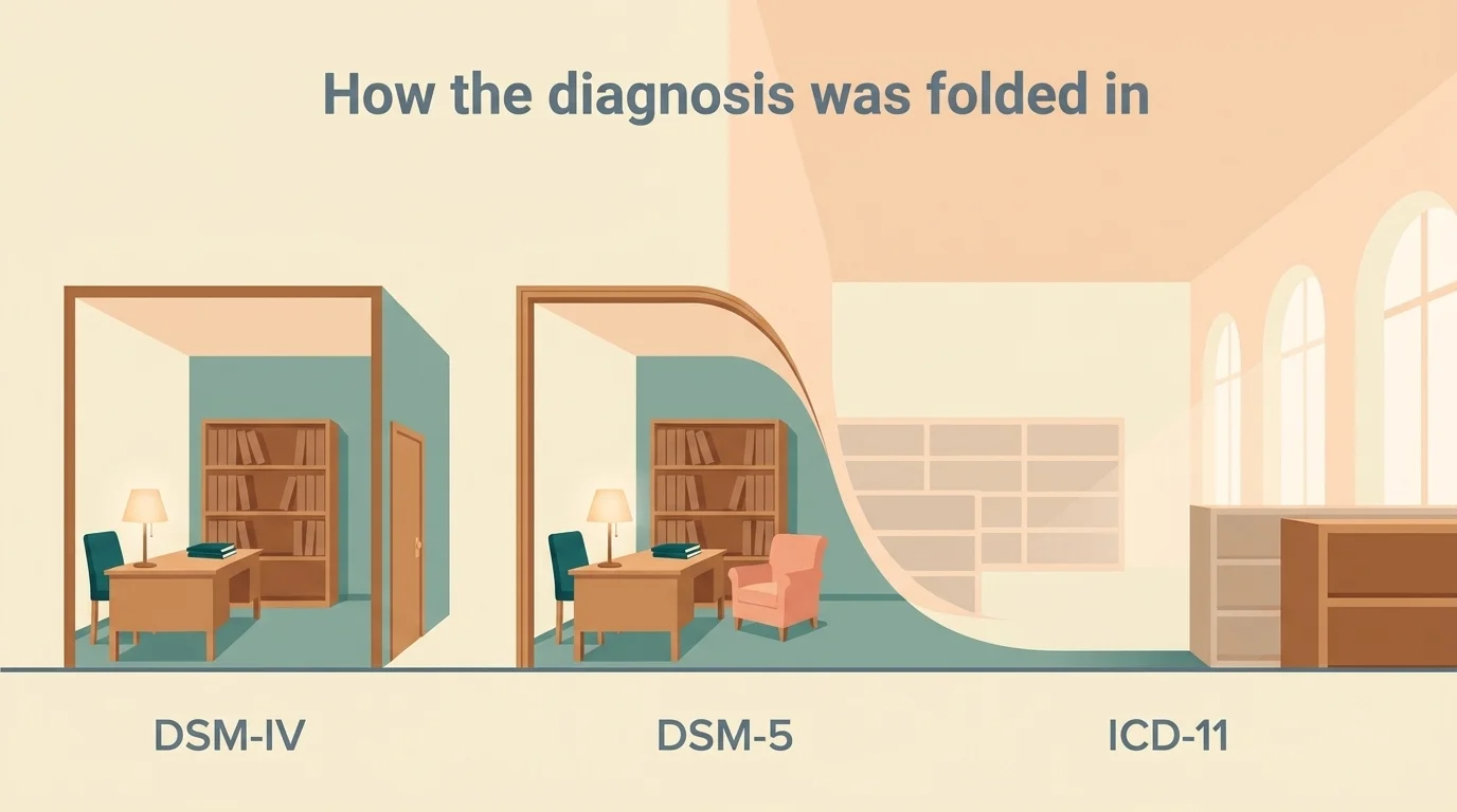 Flat timeline of a small room folding into a larger hall across three stations labelled DSM-IV, DSM-5 and ICD-11