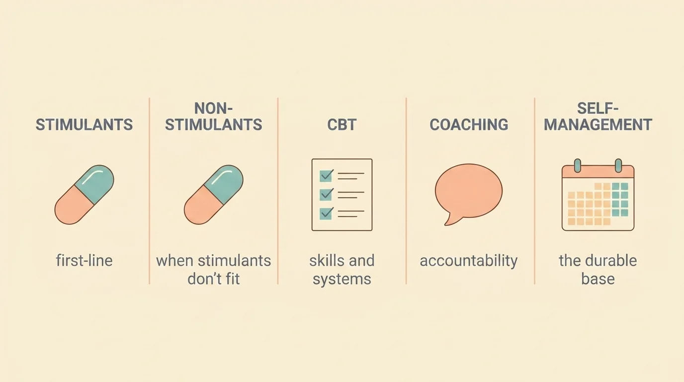 Five equal columns comparing adult ADHD treatments: stimulants, non-stimulants, CBT, coaching and self-management