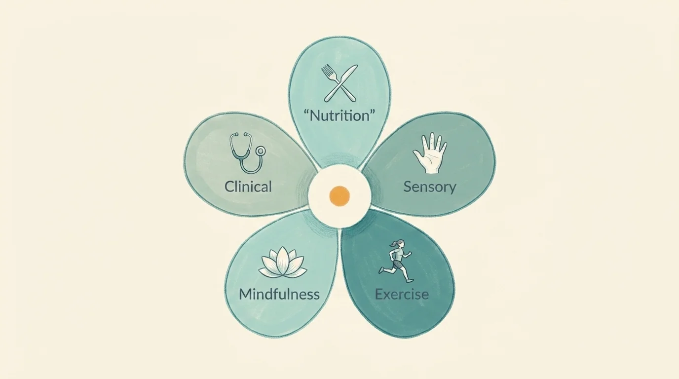 Five-petal flower diagram with icons for nutrition, sensory, exercise, mindfulness, and clinical care