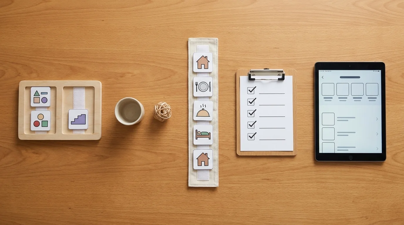 Flat lay of five visual schedule examples: first-then board, objects, picture strip, checklist and tablet app