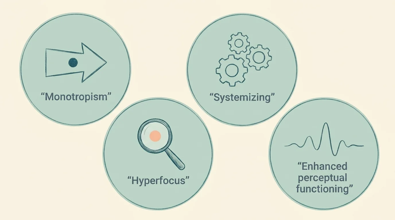 Four soft labelled circles for monotropism, systemizing, hyperfocus, and enhanced perceptual functioning in a quiet cluster