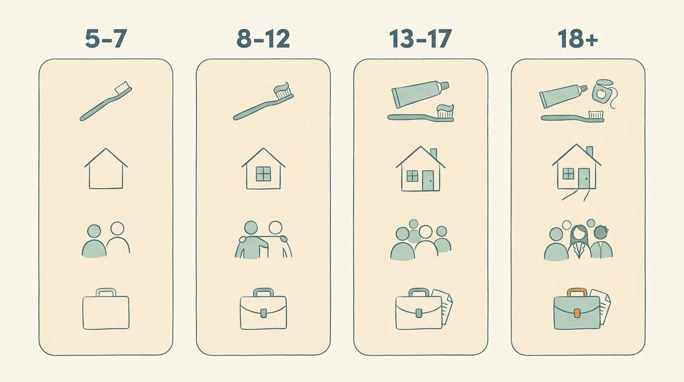 Four-column age-band grid with icons for self-care, home, community, and vocational skills across 5-7, 8-12, 13-17, 18+