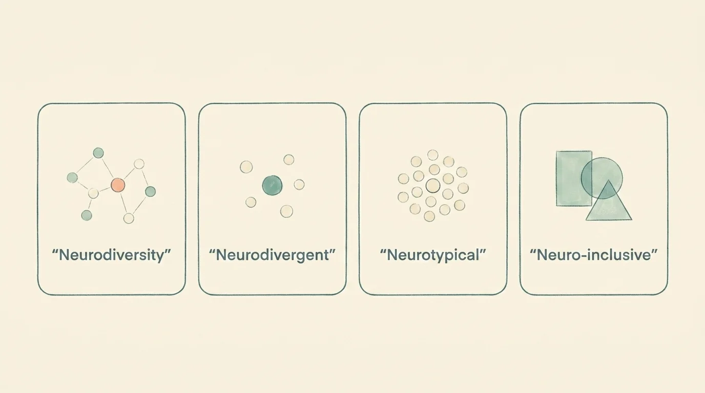 Four definition cards with hand-drawn icons for neurodiversity, neurodivergent, neurotypical, and neuro-inclusive