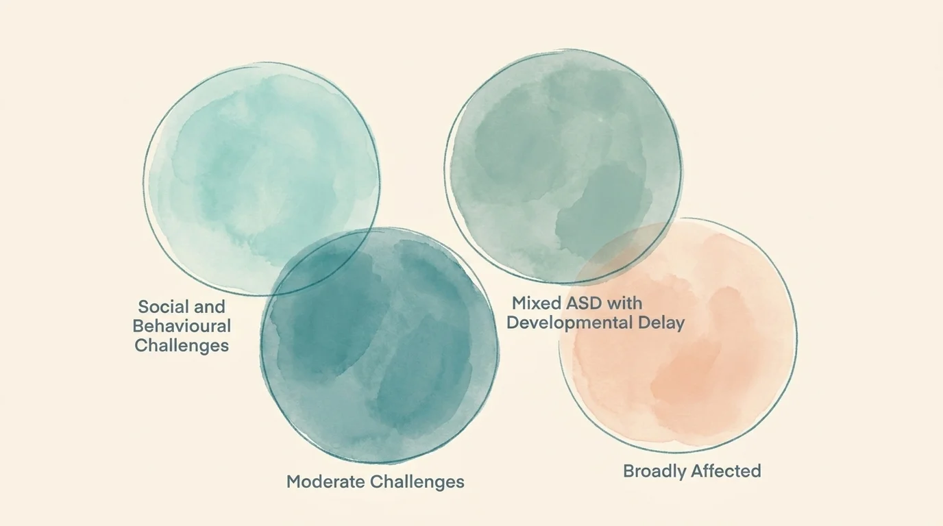 Four loosely-overlapping pastel circles for the 2025 Princeton autism subtypes — Social, Mixed, Moderate, Broadly Affected