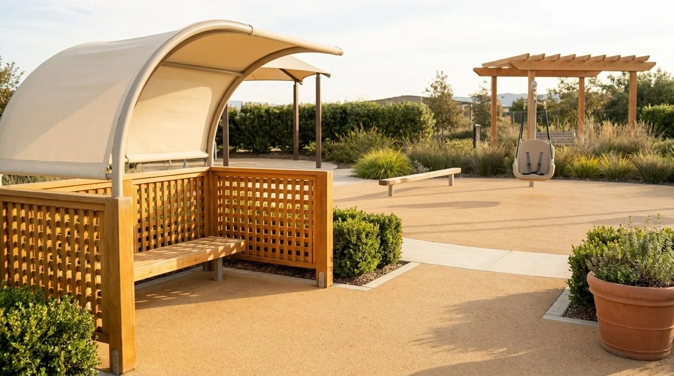 Inclusive playground with a wood-lattice refuge alcove under a canvas roof and an adaptive bucket swing across soft surfacing