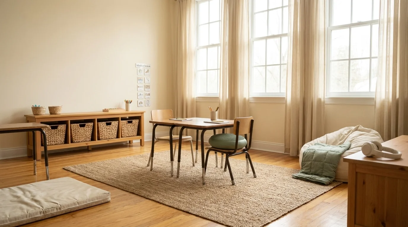 Inclusive classroom with flexible seating, weighted lap pad on a beanbag, headphones, and a visual schedule