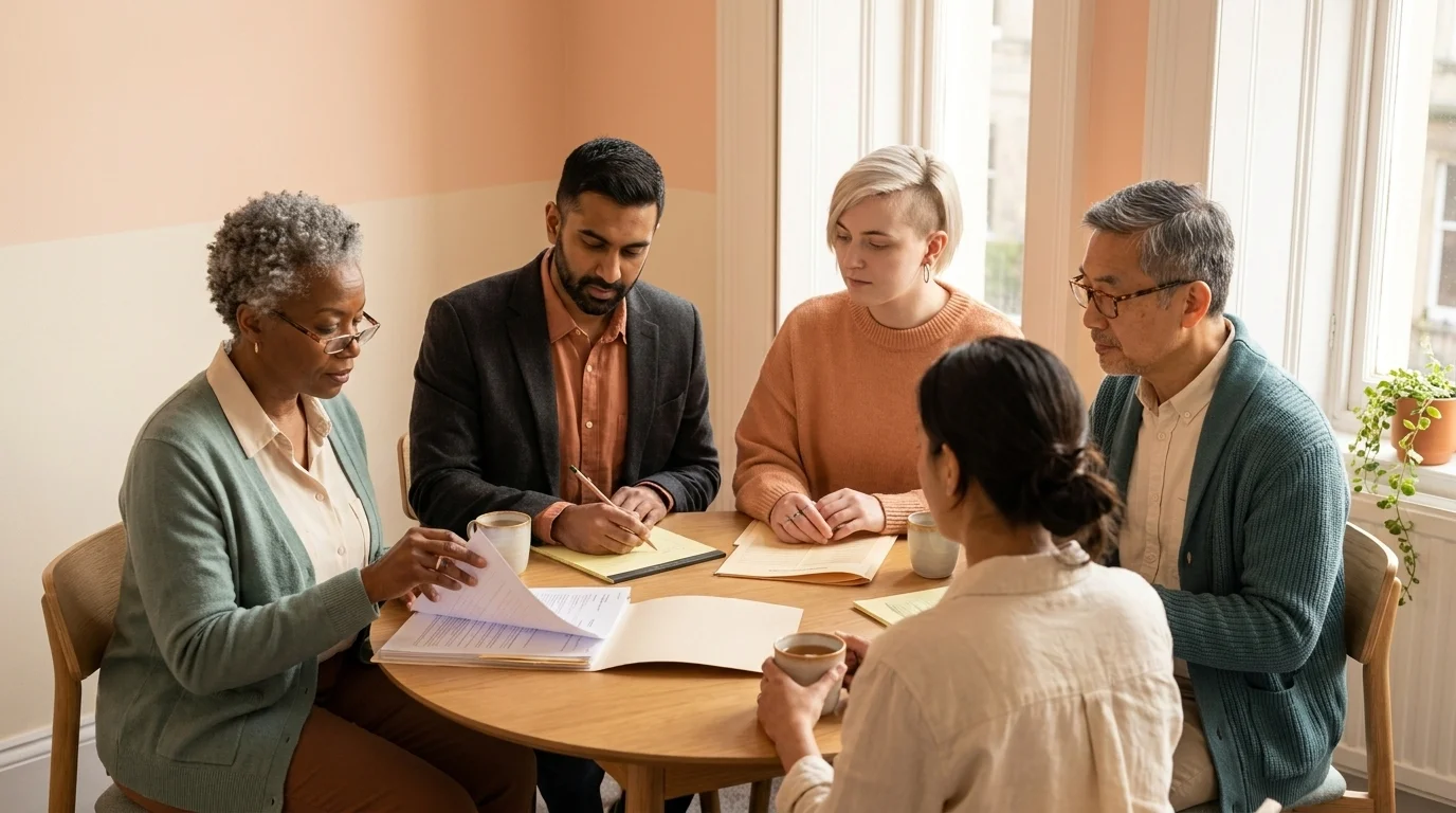 Interdisciplinary autism therapy team — psychologist, speech, OT, pediatrician — sharing one case file with a parent